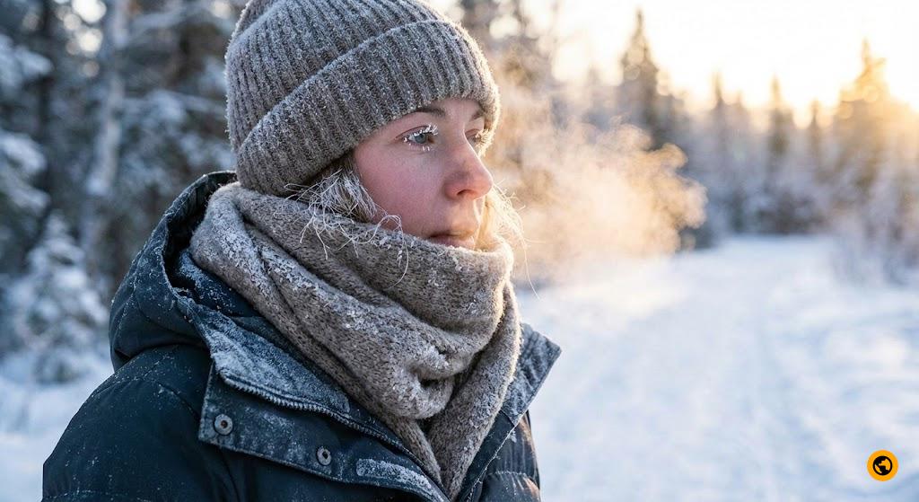 A person bundled up in winter clothes, breath visible in cold air