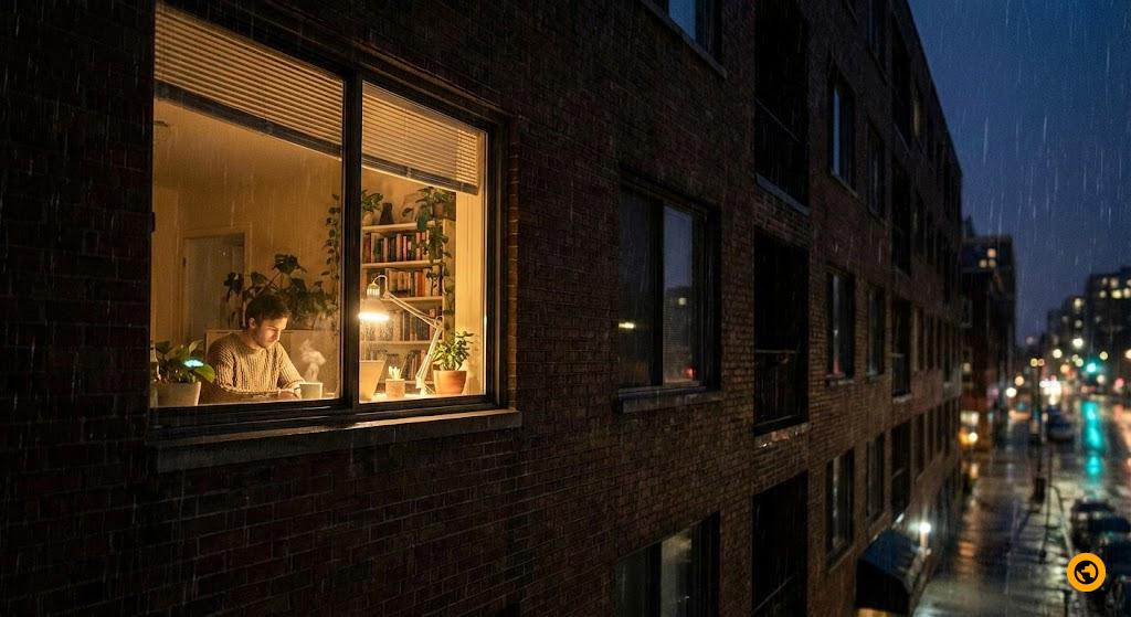 A cozy but lonely apartment window at night, glowing from within