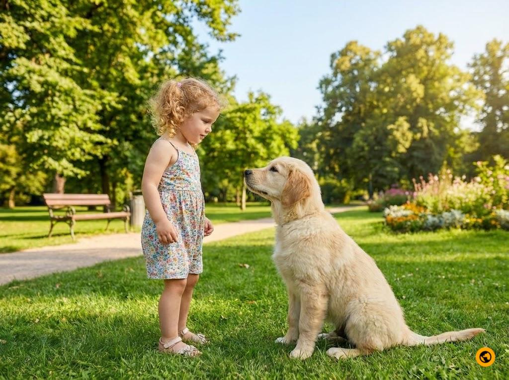 A child pointing at a dog in a park, no words needed