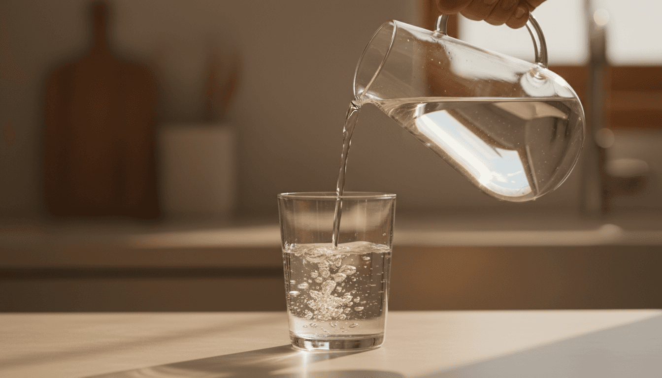 A pitcher pouring water gently into a glass