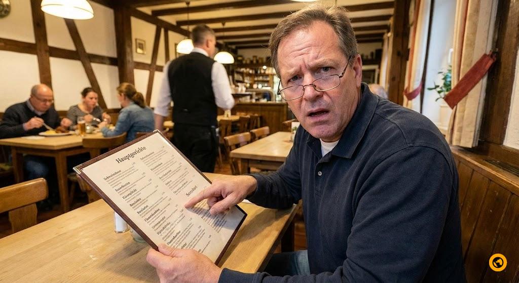 A person staring confused at a German restaurant menu with only German words
