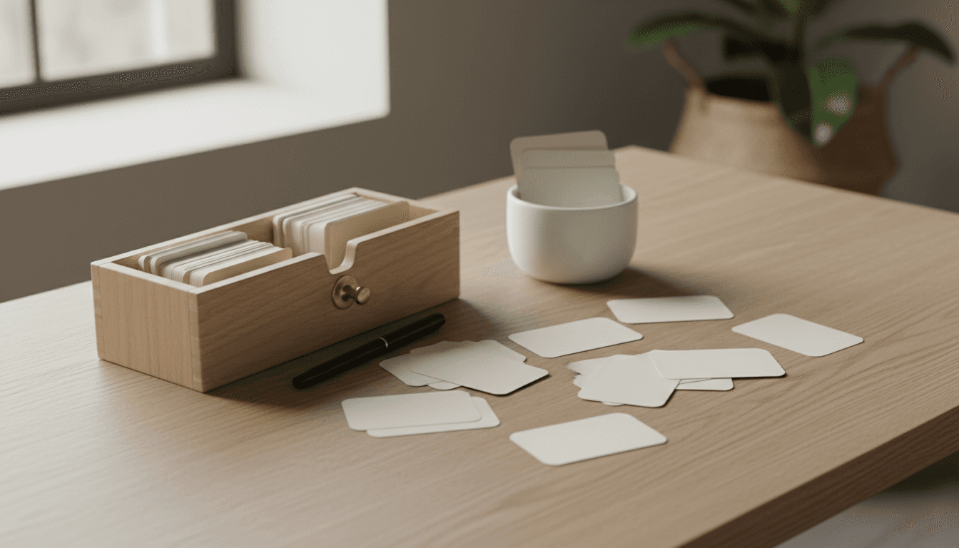 A minimalist desk setup with flashcard box and index cards