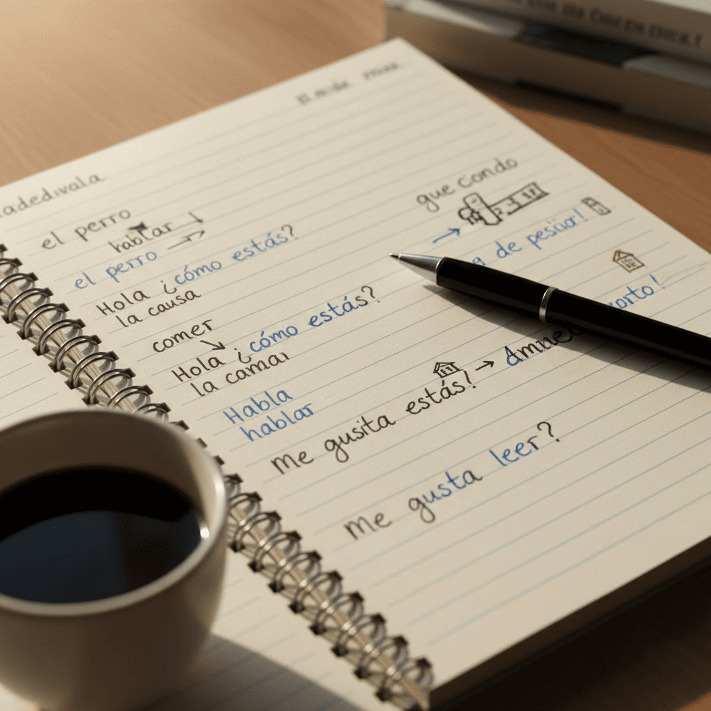 Notebook with Spanish vocabulary notes